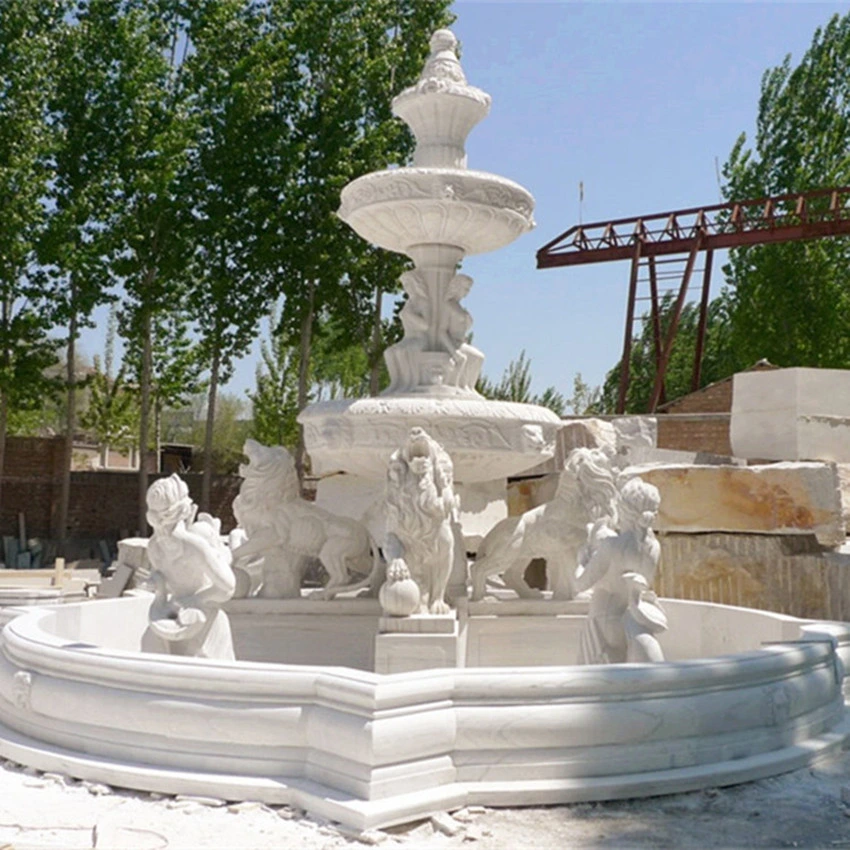 Outdoor Customized Marble Stone Hand Carved Lion Statue Water Fountain Large Size Sculpture Statue Tiered Marble Fountain